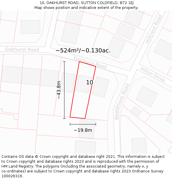 10, OAKHURST ROAD, SUTTON COLDFIELD, B72 1EJ: Plot and title map