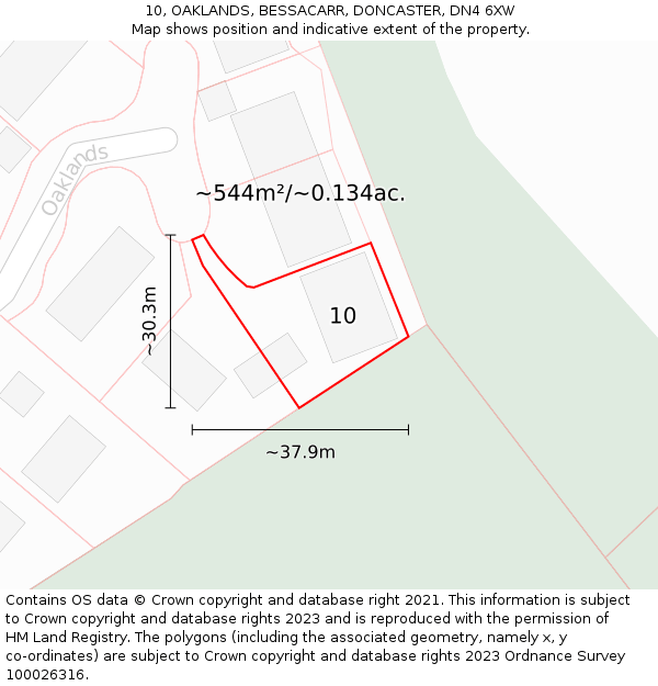 10, OAKLANDS, BESSACARR, DONCASTER, DN4 6XW: Plot and title map