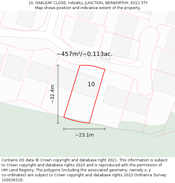 10, OAKLEAF CLOSE, HALWILL JUNCTION, BEAWORTHY, EX21 5TY: Plot and title map
