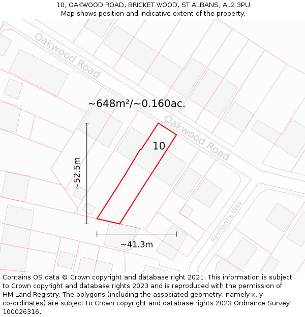10, OAKWOOD ROAD, BRICKET WOOD, ST ALBANS, AL2 3PU: Plot and title map