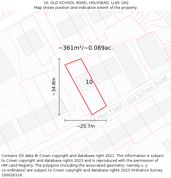 10, OLD SCHOOL ROAD, HOLYHEAD, LL65 1AQ: Plot and title map