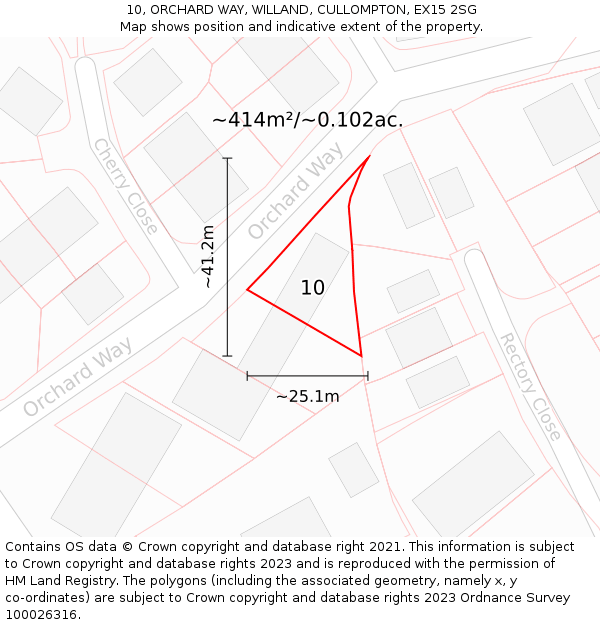 10, ORCHARD WAY, WILLAND, CULLOMPTON, EX15 2SG: Plot and title map