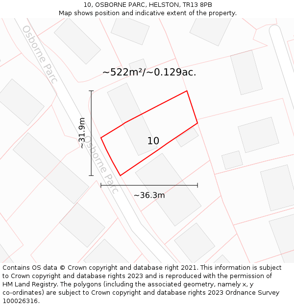 10, OSBORNE PARC, HELSTON, TR13 8PB: Plot and title map