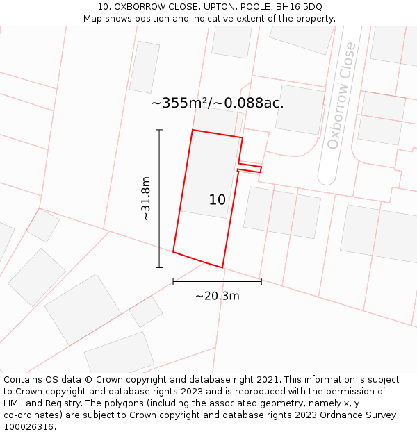 10, OXBORROW CLOSE, UPTON, POOLE, BH16 5DQ: Plot and title map