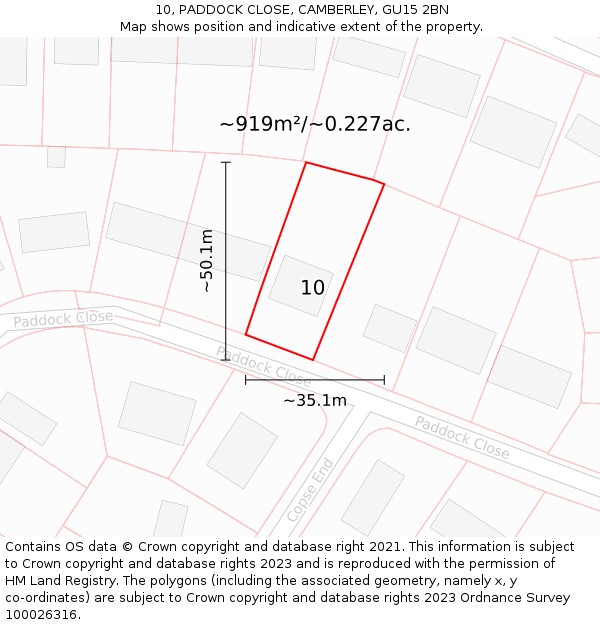 10, PADDOCK CLOSE, CAMBERLEY, GU15 2BN: Plot and title map