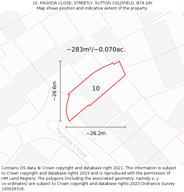 10, PAGODA CLOSE, STREETLY, SUTTON COLDFIELD, B74 2AY: Plot and title map