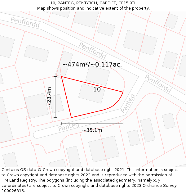 10, PANTEG, PENTYRCH, CARDIFF, CF15 9TL: Plot and title map