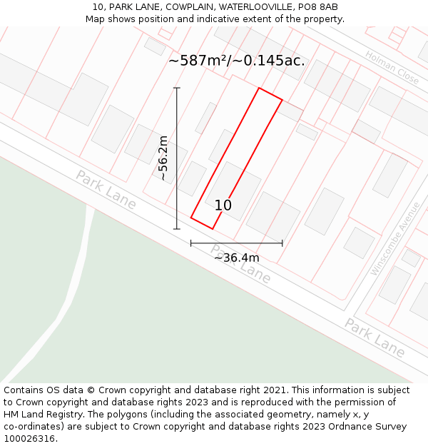 10, PARK LANE, COWPLAIN, WATERLOOVILLE, PO8 8AB: Plot and title map