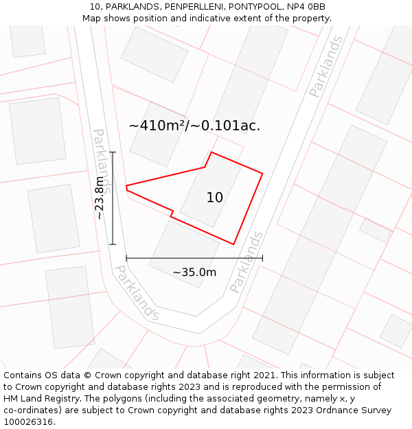 10, PARKLANDS, PENPERLLENI, PONTYPOOL, NP4 0BB: Plot and title map