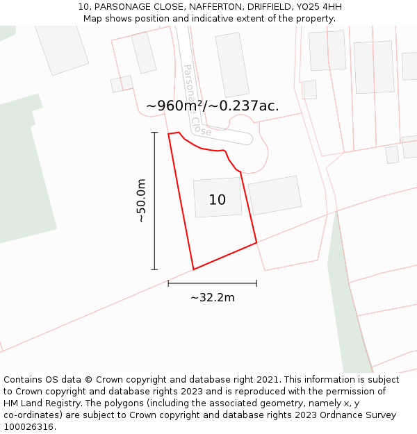 10, PARSONAGE CLOSE, NAFFERTON, DRIFFIELD, YO25 4HH: Plot and title map