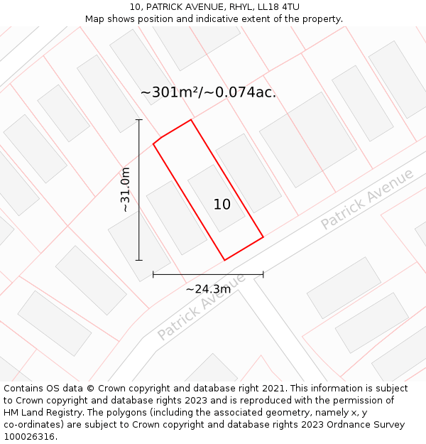 10, PATRICK AVENUE, RHYL, LL18 4TU: Plot and title map