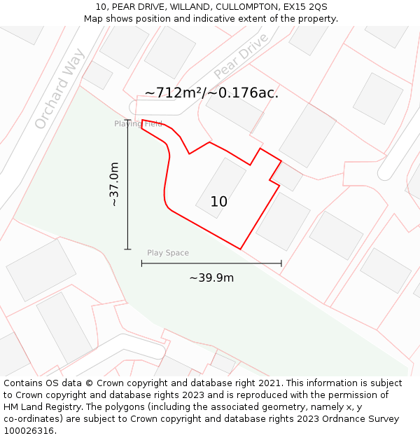 10, PEAR DRIVE, WILLAND, CULLOMPTON, EX15 2QS: Plot and title map