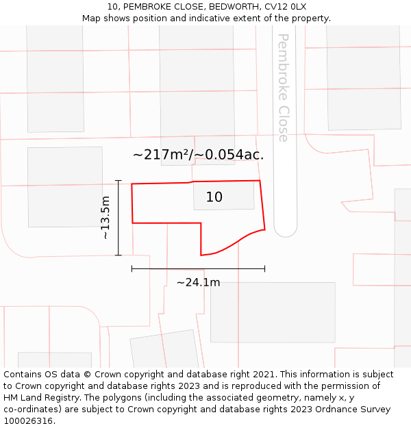 10, PEMBROKE CLOSE, BEDWORTH, CV12 0LX: Plot and title map