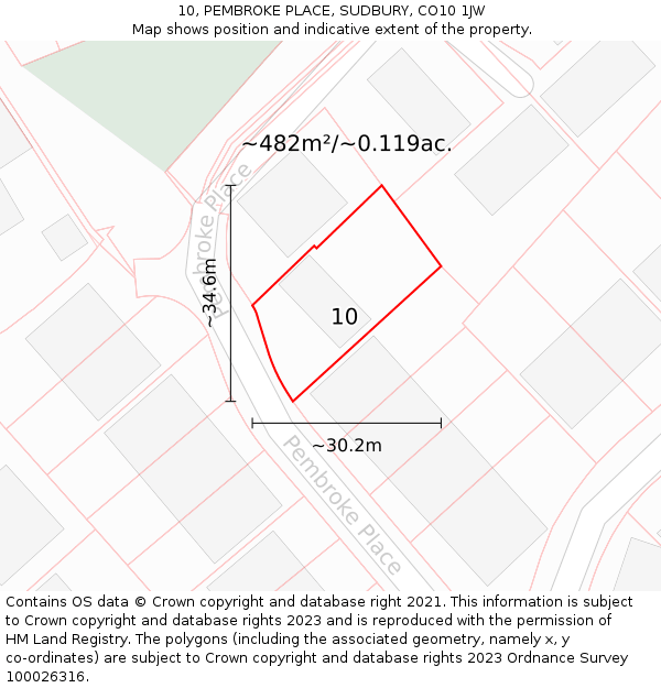 10, PEMBROKE PLACE, SUDBURY, CO10 1JW: Plot and title map