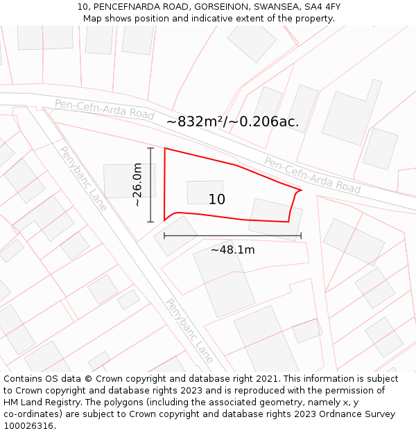 10, PENCEFNARDA ROAD, GORSEINON, SWANSEA, SA4 4FY: Plot and title map