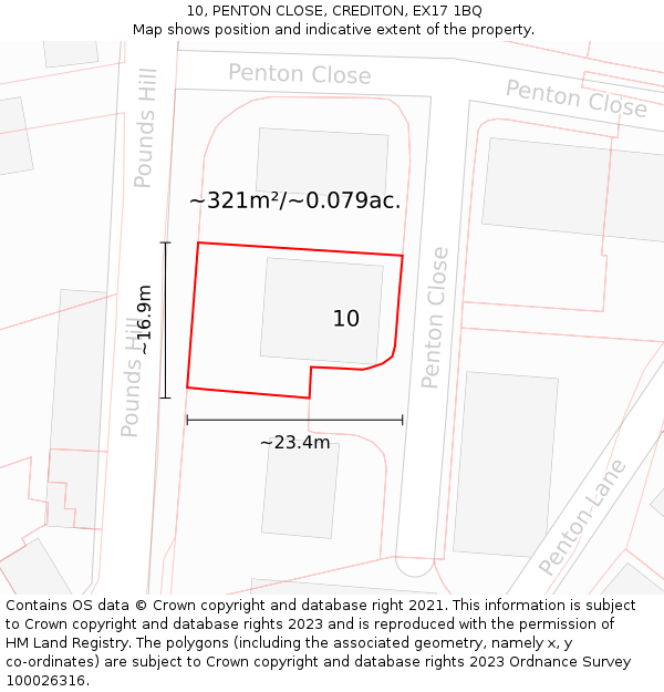 10, PENTON CLOSE, CREDITON, EX17 1BQ: Plot and title map