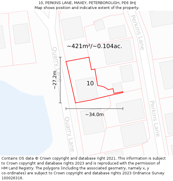 10, PERKINS LANE, MAXEY, PETERBOROUGH, PE6 9HJ: Plot and title map