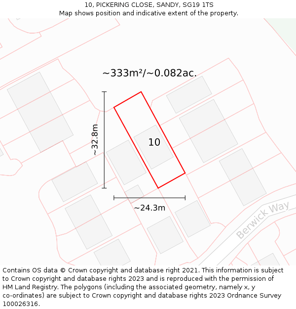 10, PICKERING CLOSE, SANDY, SG19 1TS: Plot and title map