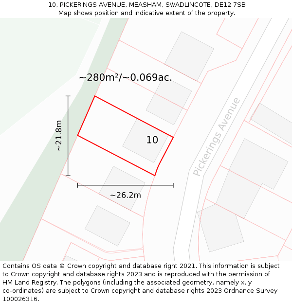 10, PICKERINGS AVENUE, MEASHAM, SWADLINCOTE, DE12 7SB: Plot and title map