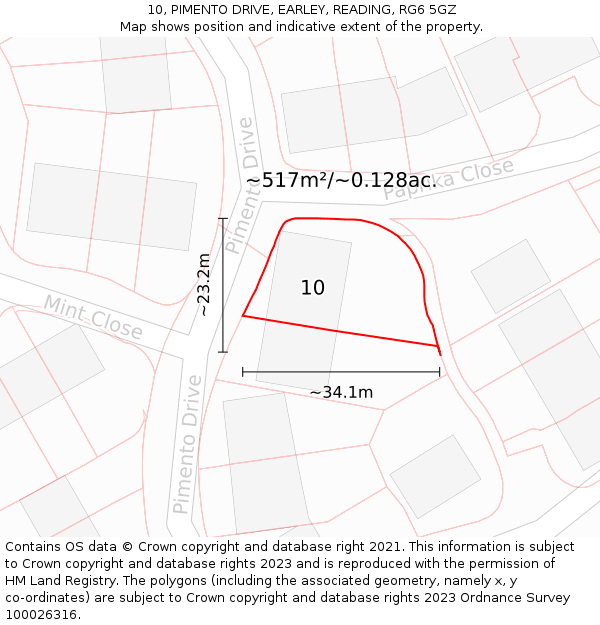 10, PIMENTO DRIVE, EARLEY, READING, RG6 5GZ: Plot and title map