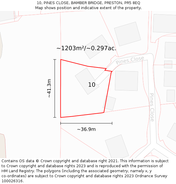 10, PINES CLOSE, BAMBER BRIDGE, PRESTON, PR5 8EQ: Plot and title map