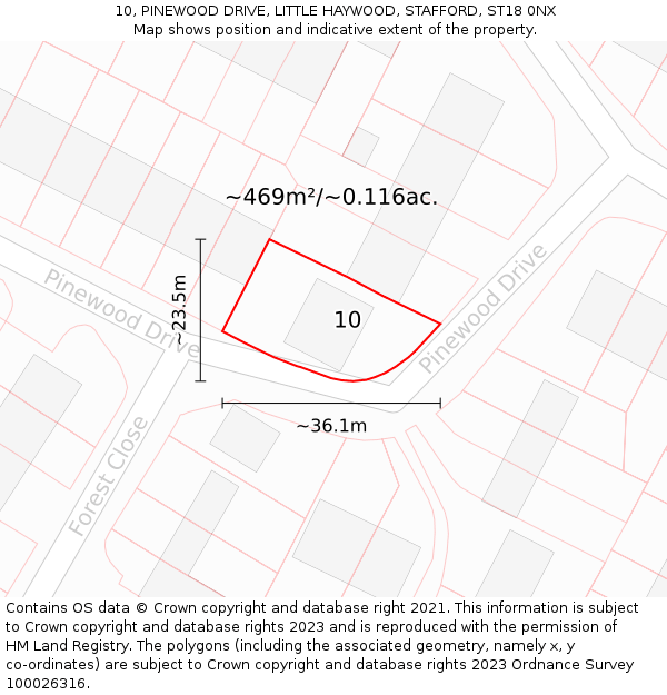 10, PINEWOOD DRIVE, LITTLE HAYWOOD, STAFFORD, ST18 0NX: Plot and title map