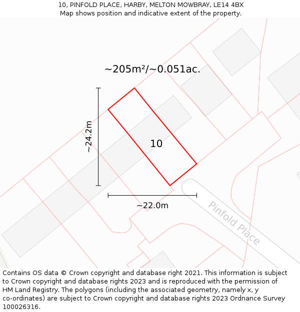 10, PINFOLD PLACE, HARBY, MELTON MOWBRAY, LE14 4BX: Plot and title map