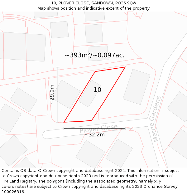 10, PLOVER CLOSE, SANDOWN, PO36 9QW: Plot and title map