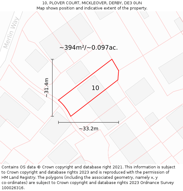 10, PLOVER COURT, MICKLEOVER, DERBY, DE3 0UN: Plot and title map