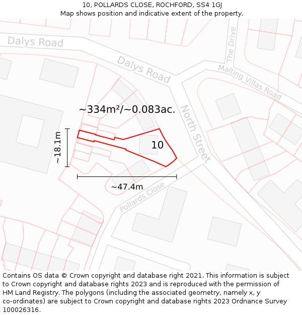 10, POLLARDS CLOSE, ROCHFORD, SS4 1GJ: Plot and title map