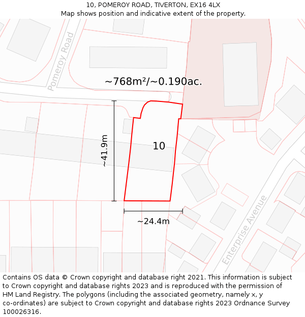 10, POMEROY ROAD, TIVERTON, EX16 4LX: Plot and title map