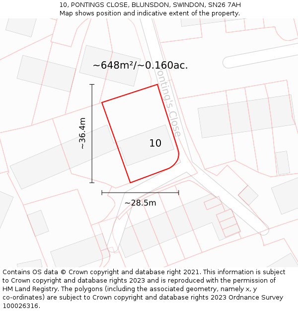 10, PONTINGS CLOSE, BLUNSDON, SWINDON, SN26 7AH: Plot and title map