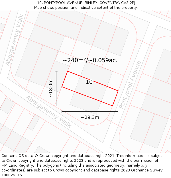 10, PONTYPOOL AVENUE, BINLEY, COVENTRY, CV3 2PJ: Plot and title map