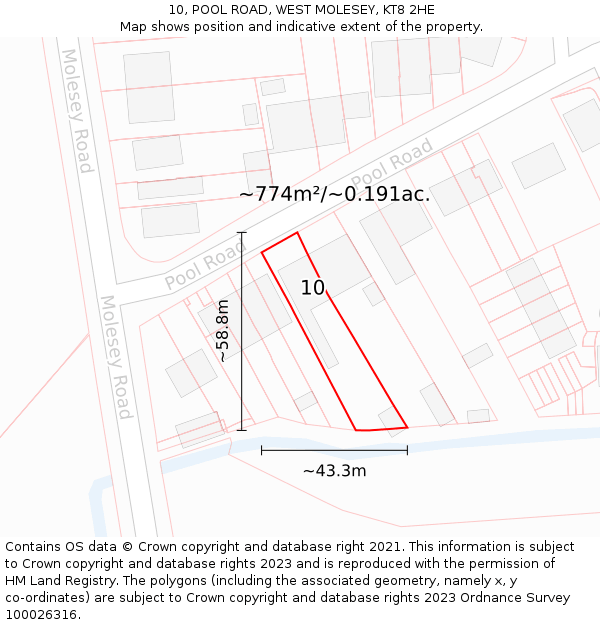 10, POOL ROAD, WEST MOLESEY, KT8 2HE: Plot and title map