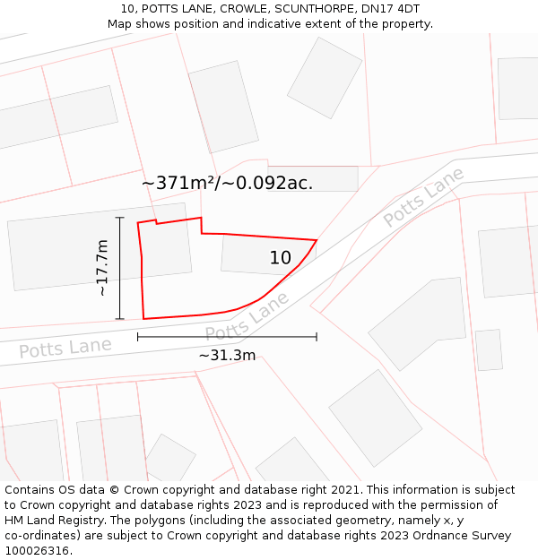 10, POTTS LANE, CROWLE, SCUNTHORPE, DN17 4DT: Plot and title map