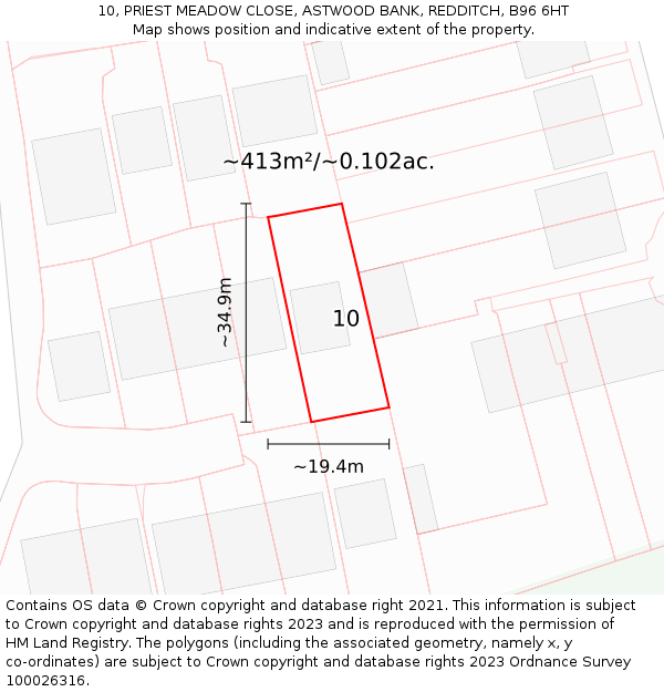 10, PRIEST MEADOW CLOSE, ASTWOOD BANK, REDDITCH, B96 6HT: Plot and title map
