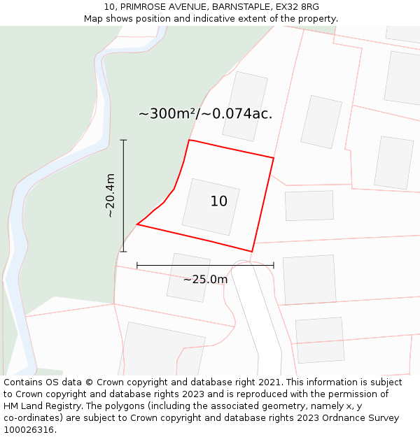 10, PRIMROSE AVENUE, BARNSTAPLE, EX32 8RG: Plot and title map