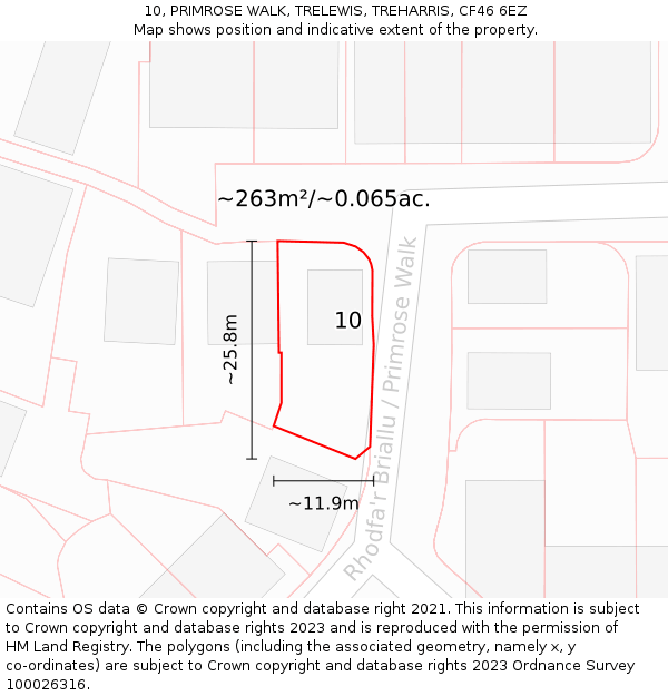 10, PRIMROSE WALK, TRELEWIS, TREHARRIS, CF46 6EZ: Plot and title map