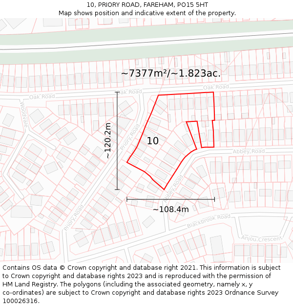 10, PRIORY ROAD, FAREHAM, PO15 5HT: Plot and title map