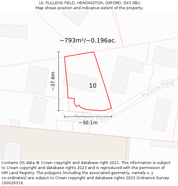 10, PULLENS FIELD, HEADINGTON, OXFORD, OX3 0BU: Plot and title map