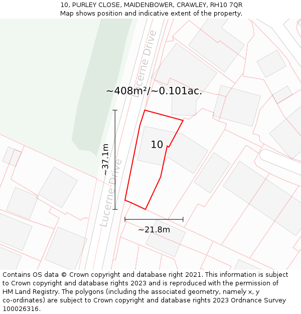 10, PURLEY CLOSE, MAIDENBOWER, CRAWLEY, RH10 7QR: Plot and title map