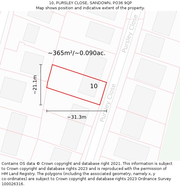 10, PURSLEY CLOSE, SANDOWN, PO36 9QP: Plot and title map