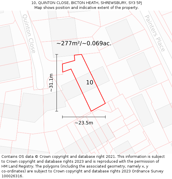 10, QUINTON CLOSE, BICTON HEATH, SHREWSBURY, SY3 5PJ: Plot and title map
