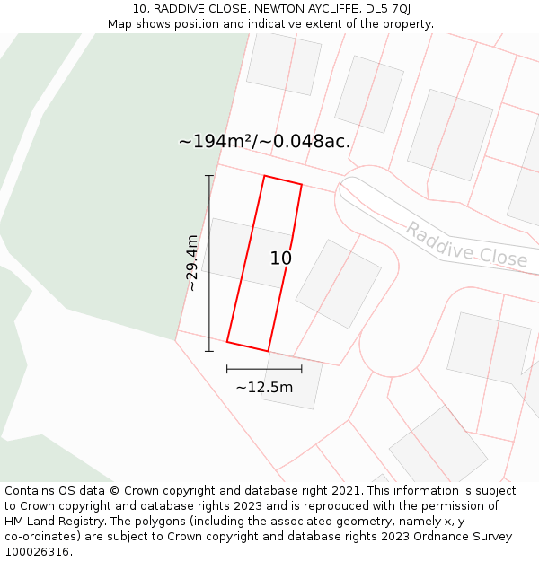 10, RADDIVE CLOSE, NEWTON AYCLIFFE, DL5 7QJ: Plot and title map