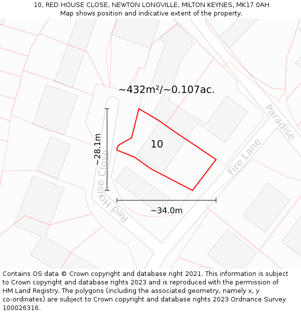 10, RED HOUSE CLOSE, NEWTON LONGVILLE, MILTON KEYNES, MK17 0AH: Plot and title map