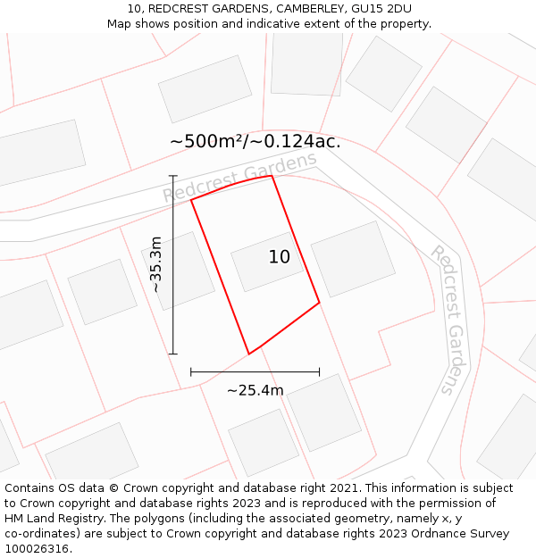 10, REDCREST GARDENS, CAMBERLEY, GU15 2DU: Plot and title map