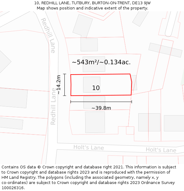 10, REDHILL LANE, TUTBURY, BURTON-ON-TRENT, DE13 9JW: Plot and title map