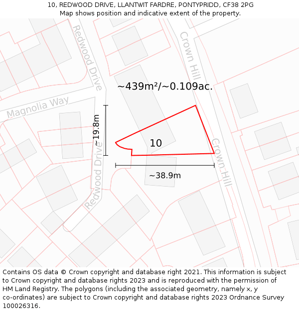 10, REDWOOD DRIVE, LLANTWIT FARDRE, PONTYPRIDD, CF38 2PG: Plot and title map