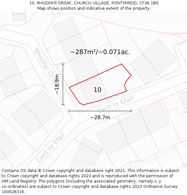 10, RHODFA'R ORSAF, CHURCH VILLAGE, PONTYPRIDD, CF38 1BS: Plot and title map