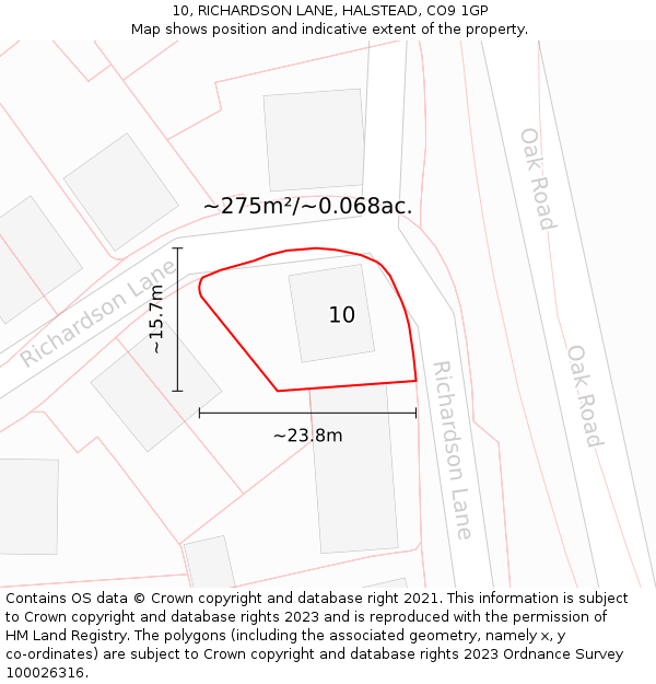 10, RICHARDSON LANE, HALSTEAD, CO9 1GP: Plot and title map